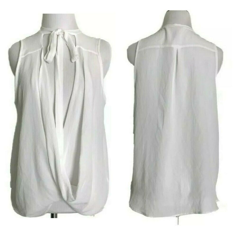 SHELLY Los Angeles Boutique Summer White Sleeveless Blouse Tie Neck NEW Tank L